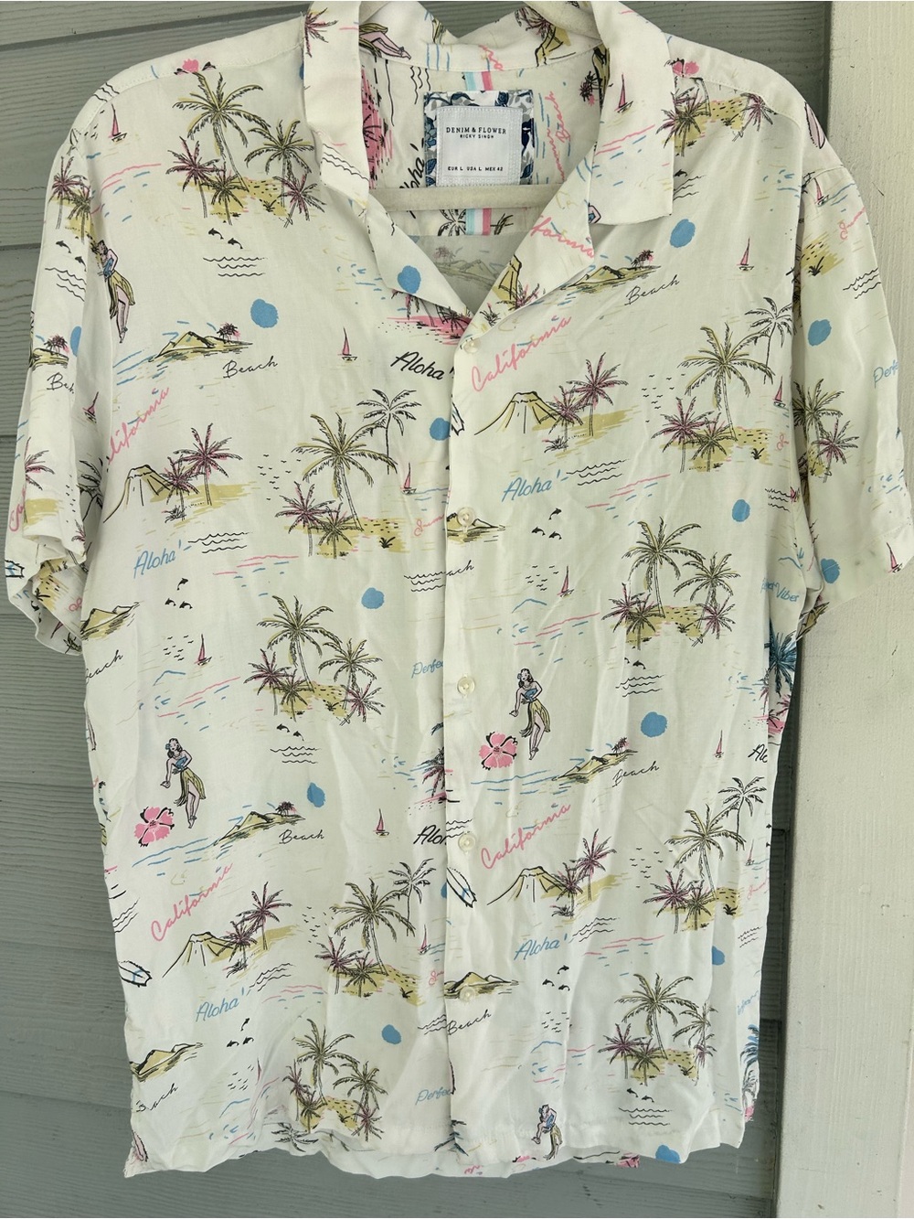 Denim & Flower White Tropical Palm Print Short Sleeve Camp Shirt L